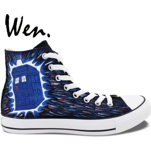Wen Design Tardis Doctor Who Hand Painted Canvas Sneakers High Top Customized Men Women Outdoor Activities Style Athletic Shoes