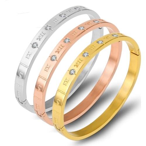 Classic Design Zircon Crystals Roman Numerals Bracelets & Bangles Women Fashion Jewelry Stainless Steel Bangles Gold Bijou