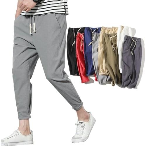 Lightweight Mens Summer Casual Pants Cotton Harem Trousers Elastic Waist Ankle-Length Mans Pants