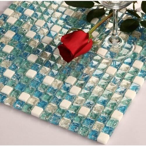 Small square ice crackle blue glass mixed white stone mosaic tiles kitchen backsplash tile bathroom shower fireplace hallway