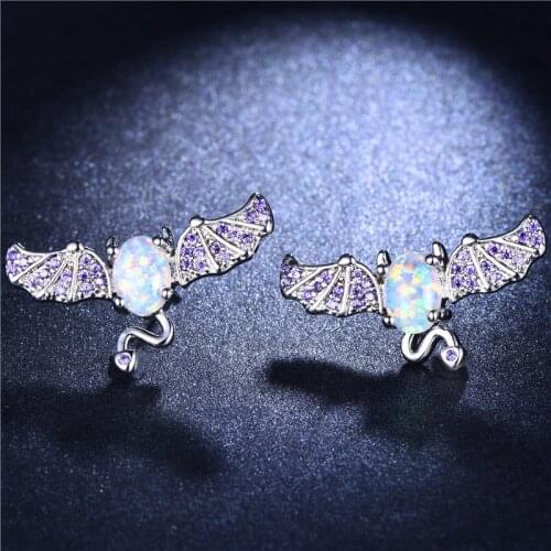 Cute Animal Bat Stud Earrings For Women 925 Sterling Silver Filled Oval White Fire Opal Earrings Purple Zircon Studded Earrings