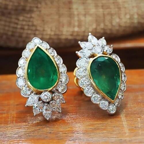 Fashion Two Tone Water Drop Green Stone Stud Earrings Mricro Paved Rhinestone Ear Stud For Women Wedding Party Jewelry K4M887