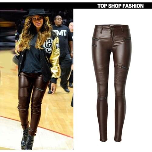 Fashion womens imitation leather elastic skinny jeans sexy moto multi zipper denim pants womens casual slim push up jeans femme