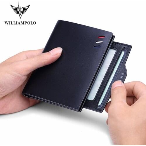 WILLIAMPOLO New Mens Wallet Short Ultra-thin Cowhide Leather Detachable Drivers License Holster Wallet Card Package