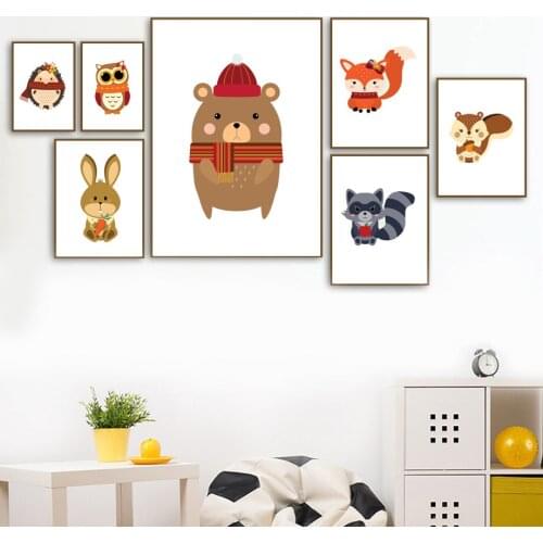 Wall Art Canvas Painting Cute Rabbit Bear Fox Owl Hedgehog Squirrel Nordic Posters And Prints Wall Pictures Baby Kids Room Decor