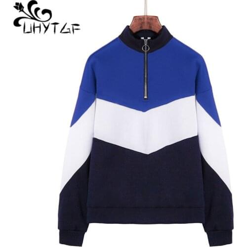 UHYTGF New Casual autumn winter tops hoodies Women Fashion stitching plus size Sweatshirt Stand collar pullover Female coat 1396