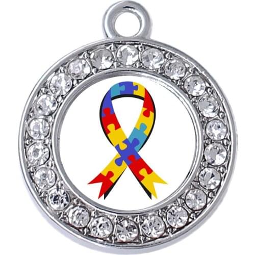 New Design transparent mirror autism color puzzle ribbon sticker charm for autistic rhinestone jewelry pendant