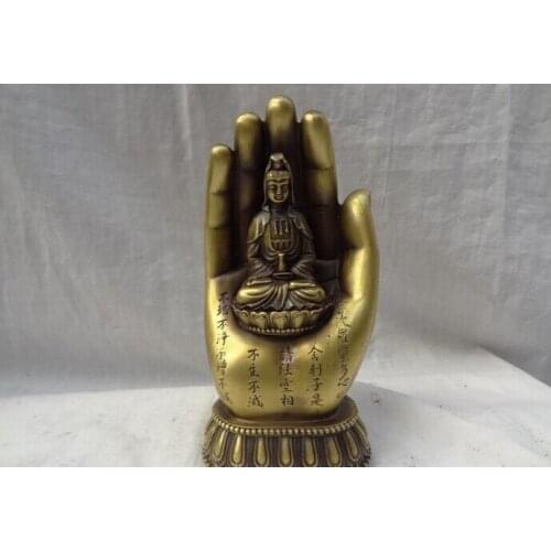 Song voge gem S2768 Chinese Pure Bronze Louts Kwan-Yin GuanYin Brass Old HanZi Buddha Hand Statue