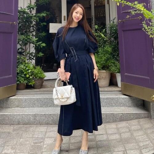 LLZACOOSH Vintage Women Autumn Elegant Temperament Half Sleeve O Neck Loose Lace Up Slim Casual Office Long Dress Vestidos