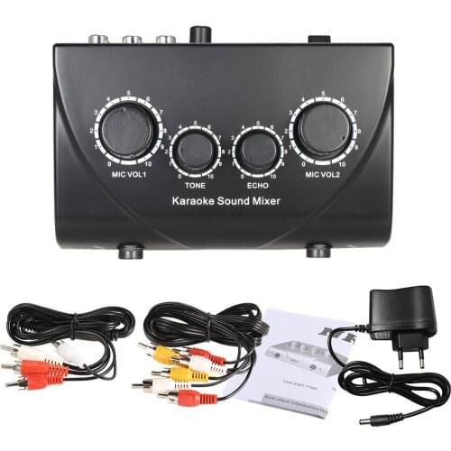 Portable Karaoke Sound Audio Stereo Echo Mixer Dual Microphone Inputs & RCA Cable Power Adapter for TV PC Smartphone Amplifier
