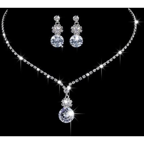 Luxury Female White Crystal Jewelry Set Charm Silver Color Wedding Dangle Earrings For Women Trendy Round Flower Chain Necklace