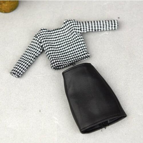 Grid shirt + leather skirt / clothing set outfit for 30cm barbie xinyi fr2 kurhn doll / doll clothes