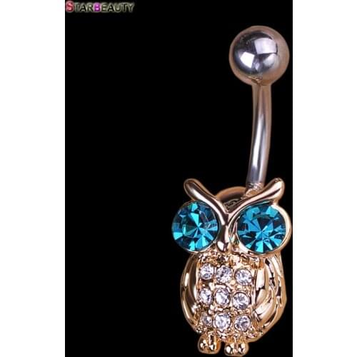 Blue Precious Stone Owl Navel Piercing 14 Gauge Summer Navel Earrings Sexy Bikini Body Jewelry Women Girls Belly Button Rings