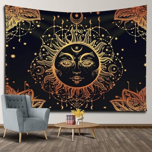 Sun and Moon Tapestry Wall Hanging Black Golden Psychedelic Tapestries for Bedroom Decor Mystic Mandala Indie Dorm Decorations
