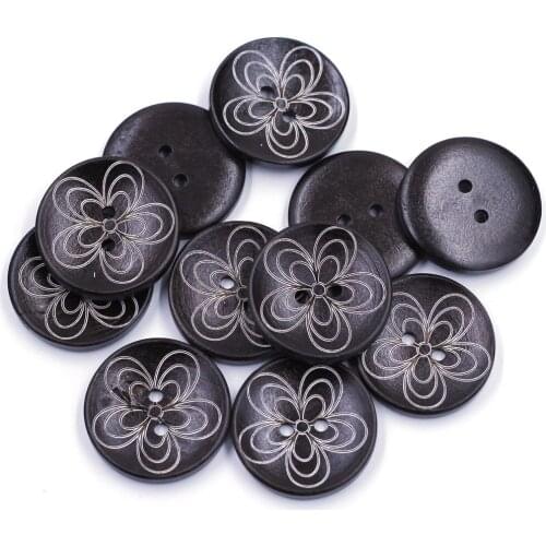 Dark Brown Round Wood Sewing Buttons Flower Pattern 2 Holes 30mm For Apparel Clothing Coat Blazer Sweater Handmade Crafts Making