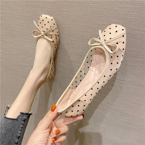 Flat shoes womens wave point net yarn womens shoes summer new wild square toe bow breathable single shoes