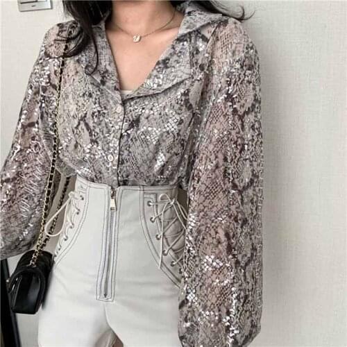 Snake Print Sequined Blouse Glitter Ladies Top Long Sleeve Button Down Shirt For Women Autumn Blouse Korean Fashion Shorts Suits