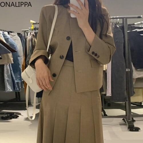 ONALIPPA 2021 Autumn Set Women Korean Elegant Casual All-Match Round Neck Long-Sleeved Suit Jacket High-Waist Pleated Skirt
