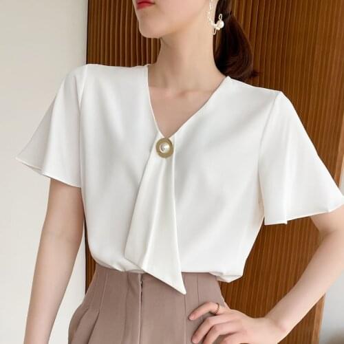 Blusas Mujer De Moda 2021 V-neck Short Sleeve Chiffon Shirt Womens Summer Solid White Female Top Elegant Fashion Clothing 1078