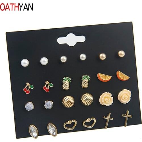 OATHYAN 12 Pairs/Set Classic Ball Metal Simulated Pearl Stud Earrings Set Mix Women Jewelry Flower Heart Cross Cherry Earrings