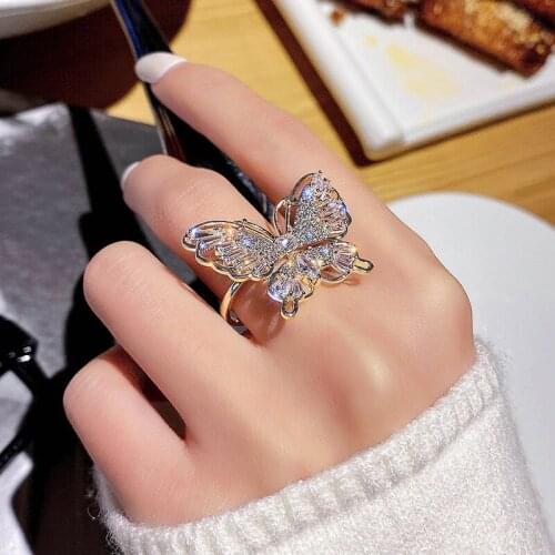 2021 New Fashion Temperament Metal Hollow Butterfly Modelling Opening Rings Fresh Shiny Crystal Senior Adjustable Women Rings