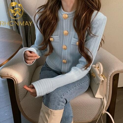 Elegant OL Long Sleeve O Neck Women Sweaters 2021 New Autumn Winter Button Cardigans Korean Cropped Cardigan