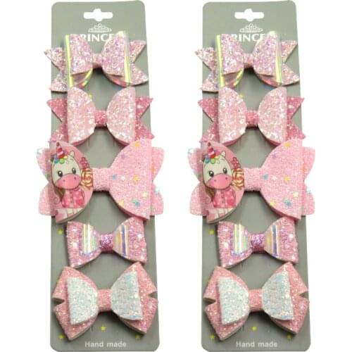 10PCS/SET Pretty Pink Unicorn Baby Girls Clip Leather Bows Child Tie Knot Creativity Handmade Hairpins Hair Accessories For Kids