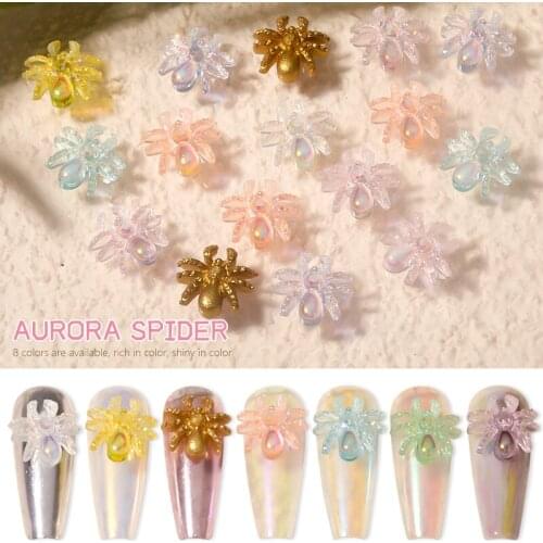 10PCS Colorful Spider Shiny Nail Art Decorations Semi-transparent 3D DIY Aurora Manicure Accessories