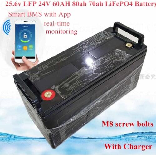 24V 50Ah 60AH 80Ah LiFePO4 Battery 25.6v LFP smart BMS 60A App bluetooth for Boat motor RV power Solar Energy ups + 10A charger