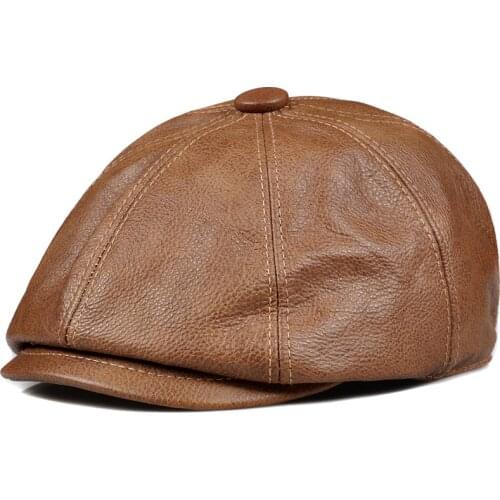 Spring/Winter Mens Womens Genuine Leather Beret Hats Unisex Top Grade Octagonal Yellow/Black Painter Caps Man Fitted Bonnet