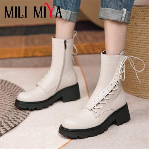 MILI-MIYA British Women Short Ankle Boots Fashion High Top Knight Gneuine Leather Combat Platform Round Toe Lace Up Zipper Shoe