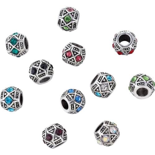 50Pcs Alloy Rhinestone Rondelle Large Hole European Beads Mixed Color Loose Bead Charms For DIY Bracelet Jewelry Making 11x9mm