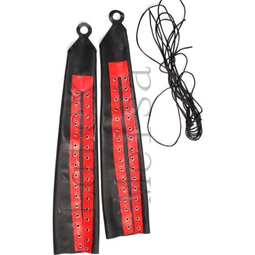 Adults black latex bondage gloves lacing to arm with red trims decorations what is made of 0.4mm natural & flexible latex