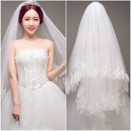 Sensual Looking Fancy Clingy White/Ivory 2 Layers Lace Elbow Length Sequin Wedding Bridal Veil Comb