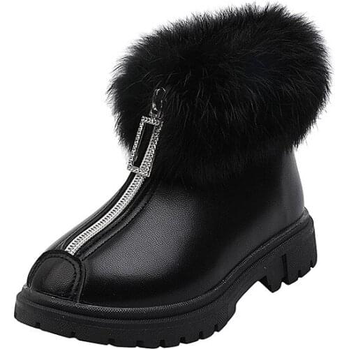 CUZULLAA Children Fur Fashion Boots Kids Girls Winter Warm Plush Lining Fashion Boots High Leather Shoes Size 26-36