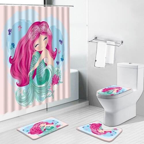 The Little Mermaid Cartoon Shower Curtain Sexy Girls Non-Slip Rug Toilet Cover Carpet Mat Child Bathroom Curtain Set Kids Gifts