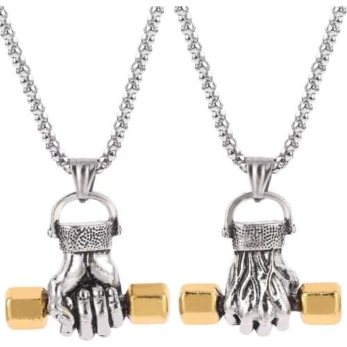 Gothic Punk fist dumbbell pendant Necklace Hip hop Men long chain Necklaces Sports Jewelry Gifts