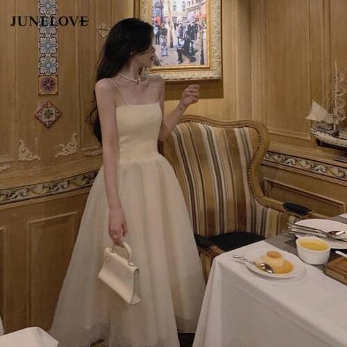 JuneLove Summer Spaghetti Strap Midi Dress Women Sweet Elegant Vintage Dress Female Sleeveless Office Lady Korean Party Dress