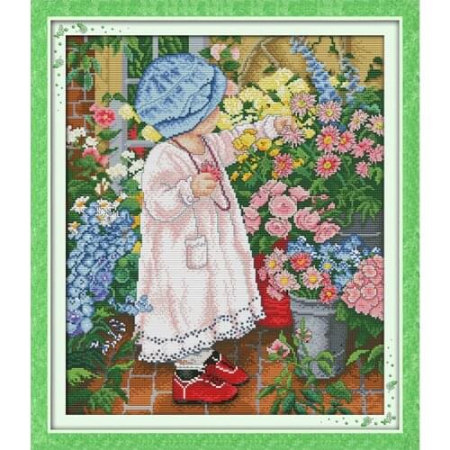 Joy Sunday Flower Picking Girl Pattern Printed Canvas DMC 11CT14CT Embroidery Counting Cross Stitch Kit Handmade Home Decor Set