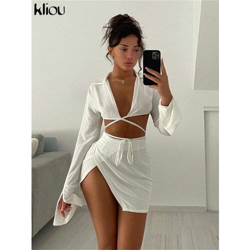 Kliou Bandage Two Piece Set Women Skirt Aesthetic Criss Cross Ribbons Shirt Long Sleeve Polo-Neck Top+Loose Side Slit Outit
