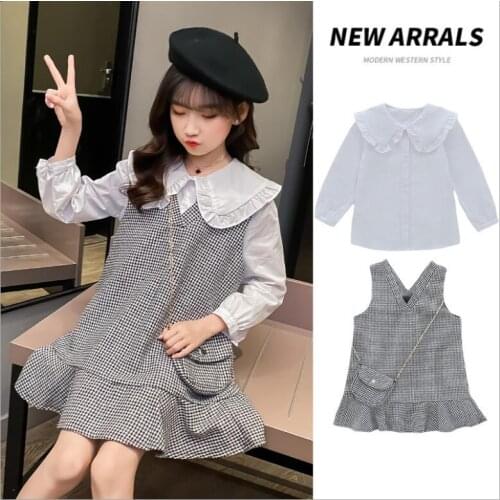 Korean Clothes For Girls 2021 New Valentines Day Outfit Cotton Plaid 2 Pcs Sets White Shirts And Plaid Dresses 6 8 10 12 Year