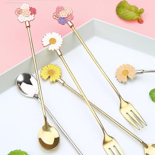 Stainless steel stirring spoon with long handle Cute Daisy flower cartoon dessert fork tableware pink kitchen eco friendly