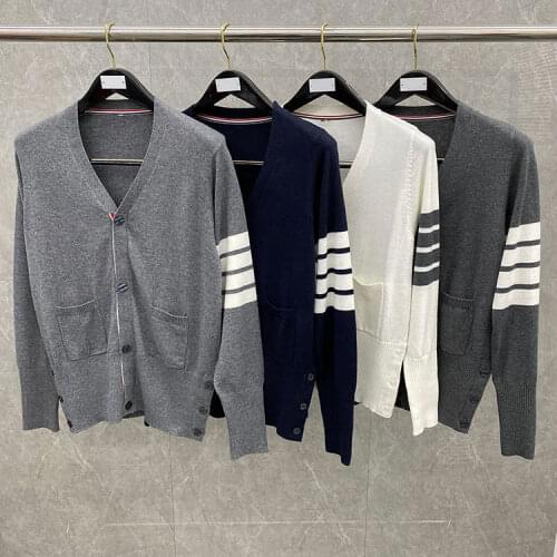 2021 Autumn Men Slim Sweaters Wool V-Neck Cardigans Jacket Casual TB Striped Cotton Soft Korean Design Fit Cotton High Quality