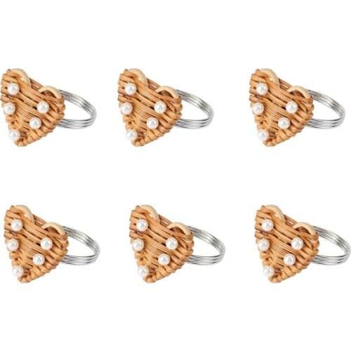 Heart Napkin Rings Set of 6, Vintage Napkin Ring for Table Setting, Handmade Rattan Pearl Rings Holder for Wedding