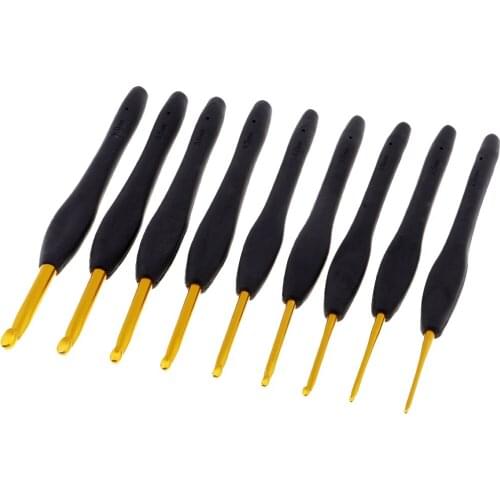 9 Pcs Crochet Needles Set Aluminum with Black Rubber Handle Knitting Needles