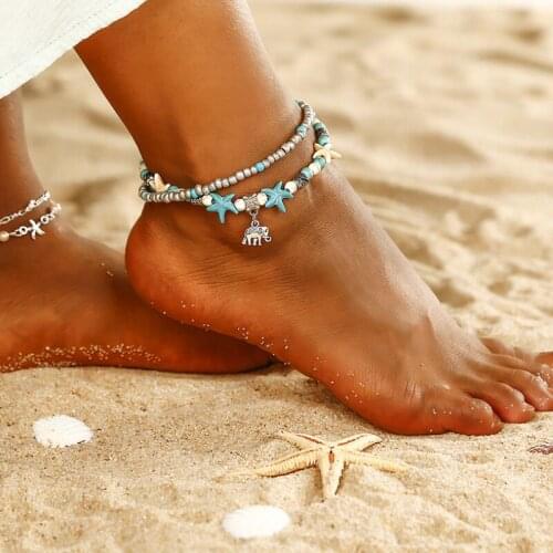 New Fashion Elephant Design Anklet Boho Chain Bead Summer Beach Foot Jewelry Blue White Starfish Braclet Anklet