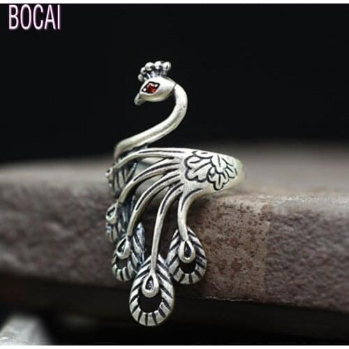 New s990 sterling silver jewelry peacock female ring inlaid zircon retro matte ethnic style womens adjustable silver ring