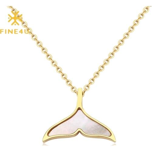FINE4U N466 Stainless Steel Tail Fish Pendant Necklace with White Shell Good Luck Necklace Cute Jewelry Gift