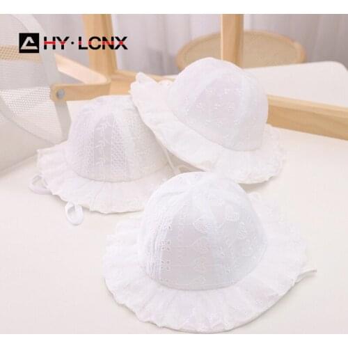 Spring Summer Girl Cotton Breathable Cute Monochrome Bucket Hat Baby Lace Decoration Foldable Outdoor Travel Sun Fisherman Hat