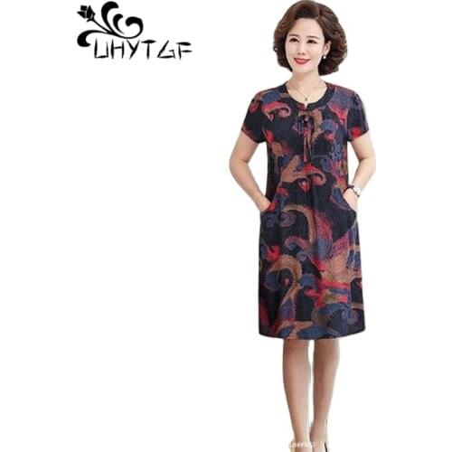 UHYTGF Dresses Womens Summer Clothes Cotton Linen Printed Short Sleeves Casual Mother Thin 5XL Plus Size Dress Vestidos Mujer 6
